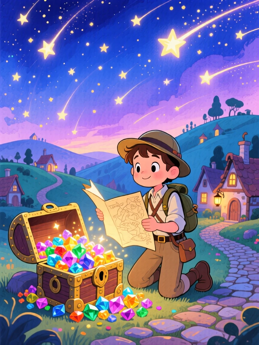 A young adventurer with a magic map opening a treasure chest overflowing with glowing gems, in a sky full of shooting stars over a fantasy village, filled with wonder and magical excitement.