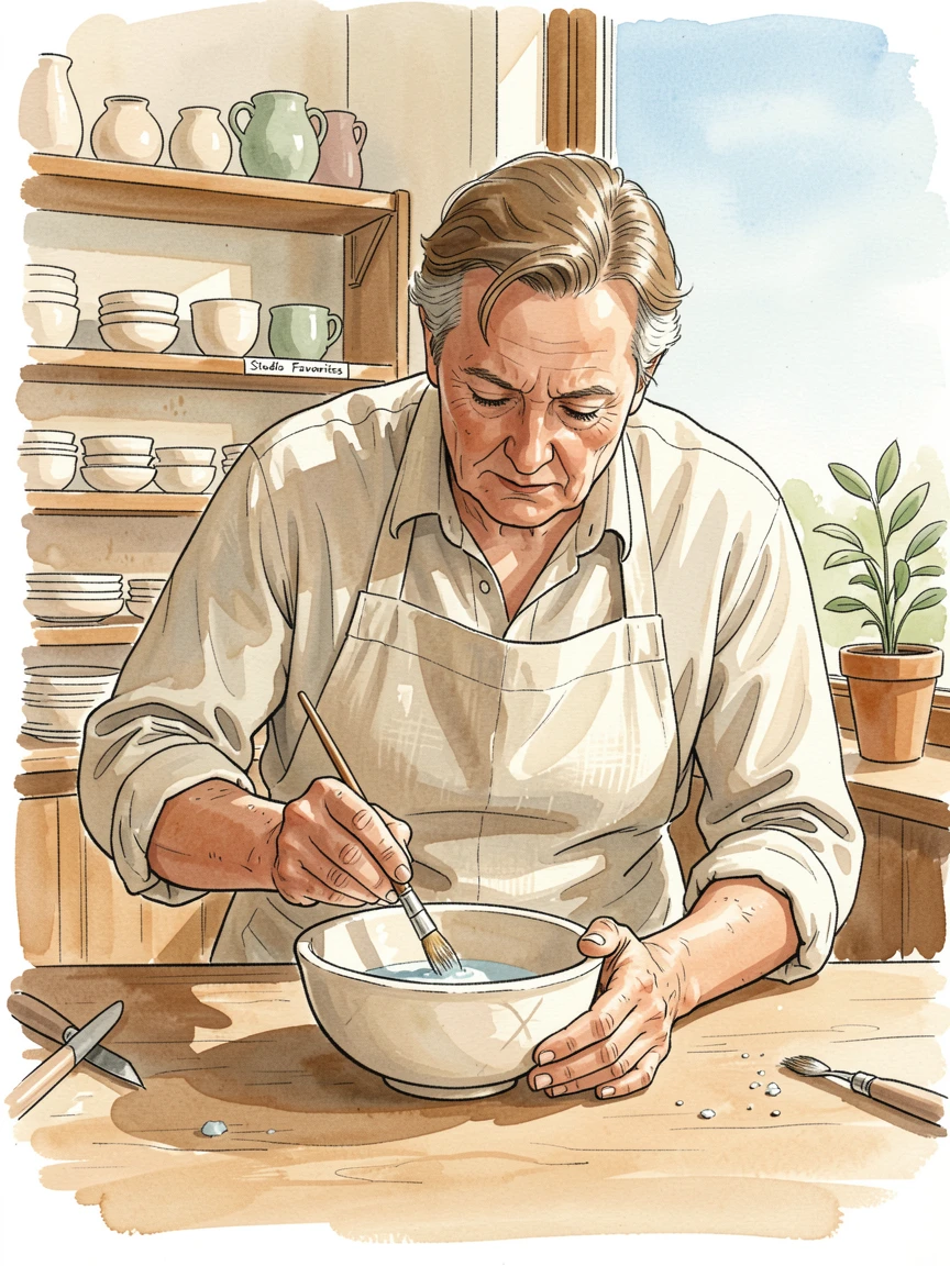 A ceramicist glazing a finished bowl in a sunlit studio, small details revealing years of practiced dedication.