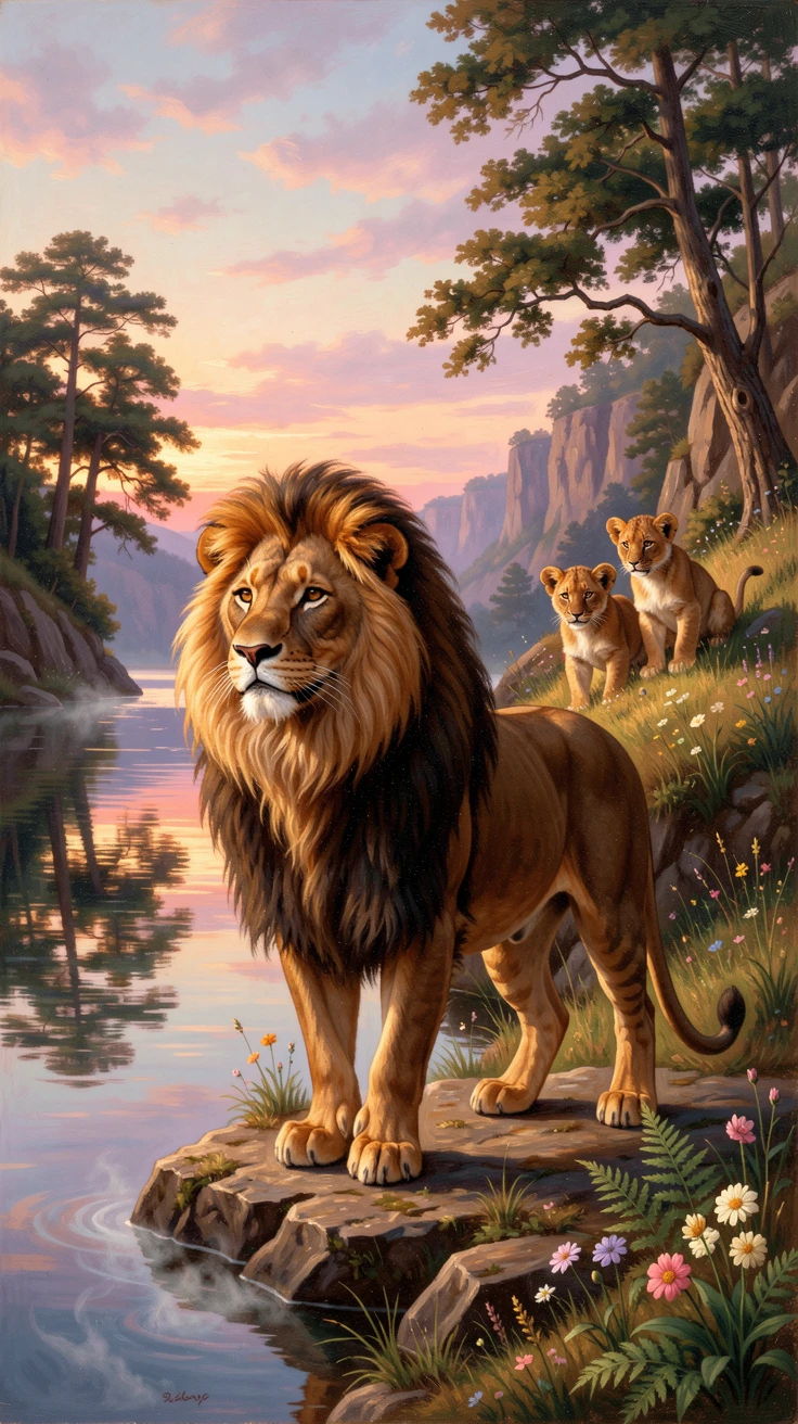 A lion surveys a still lake at dawn beneath the watchful eyes of its young.