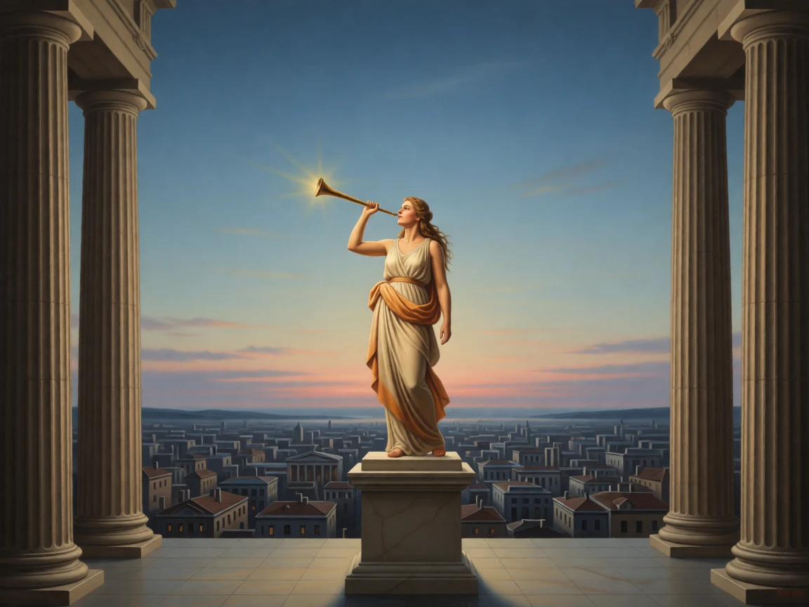 A figure of Fame sounding her trumpet over a sleeping city in a moment charged with timeless symbolic meaning, set within a classical temple open to the heavens, with contrasting elements of darkness and radiance framing the scene; radiating light from the central figure draws every eye inward, suggesting hope, transformation, and the endurance of the human spirit.