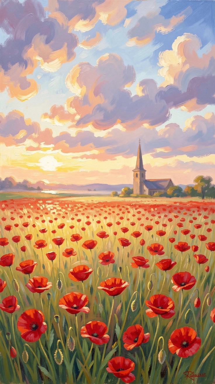 A field of red poppies swaying beneath a dramatic cloud-filled sky, a distant church steeple rising above the horizon, at golden sunrise, capturing a moment of quiet intimacy.