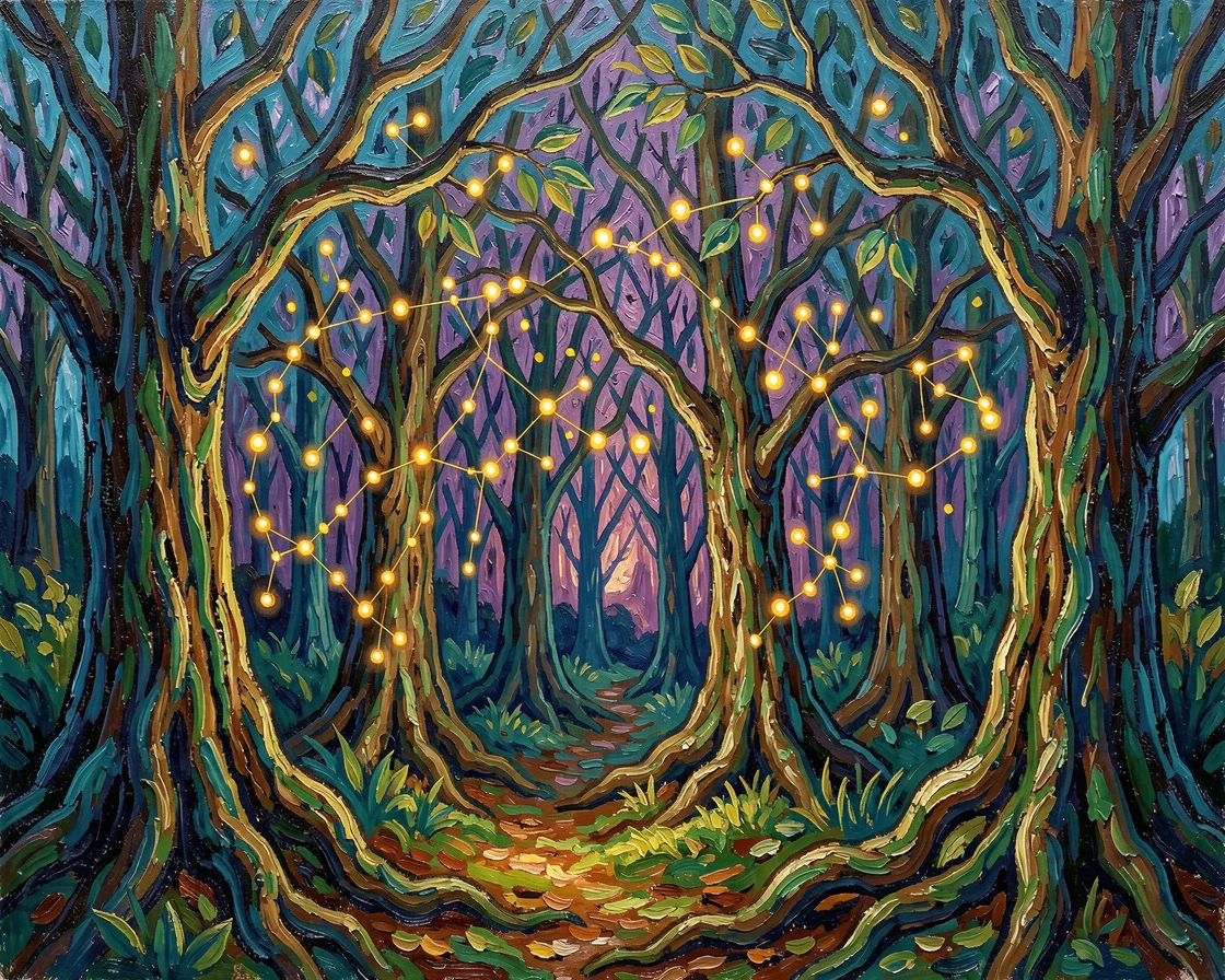 An enchanted forest where fireflies form glowing constellations among the trees.