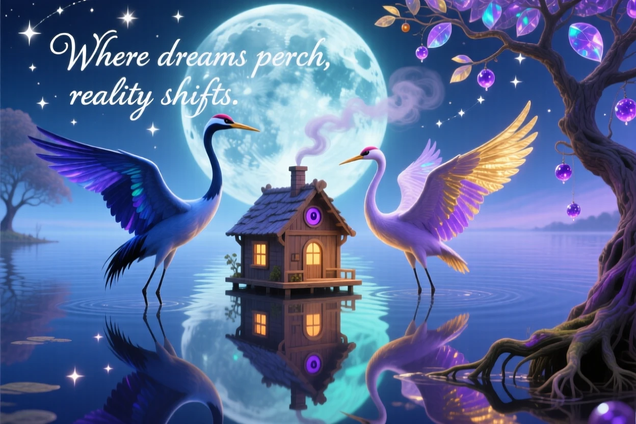 A flock of cranes carrying a small house gently between them rests peacefully beneath the glow of a rising moon, as its reflection shows a slightly different creature entirely.