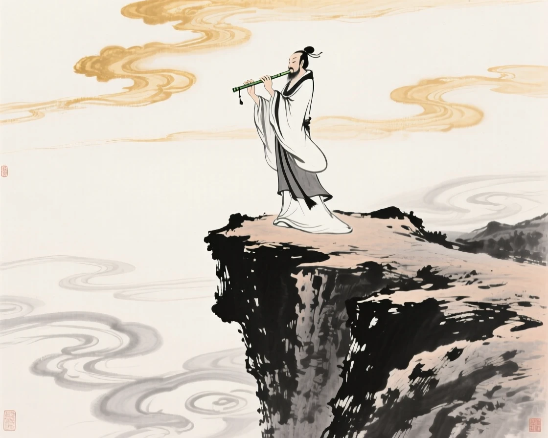An immortal plays a flute atop a cliff overlooking the clouds below, beneath a sky filled with drifting golden clouds.