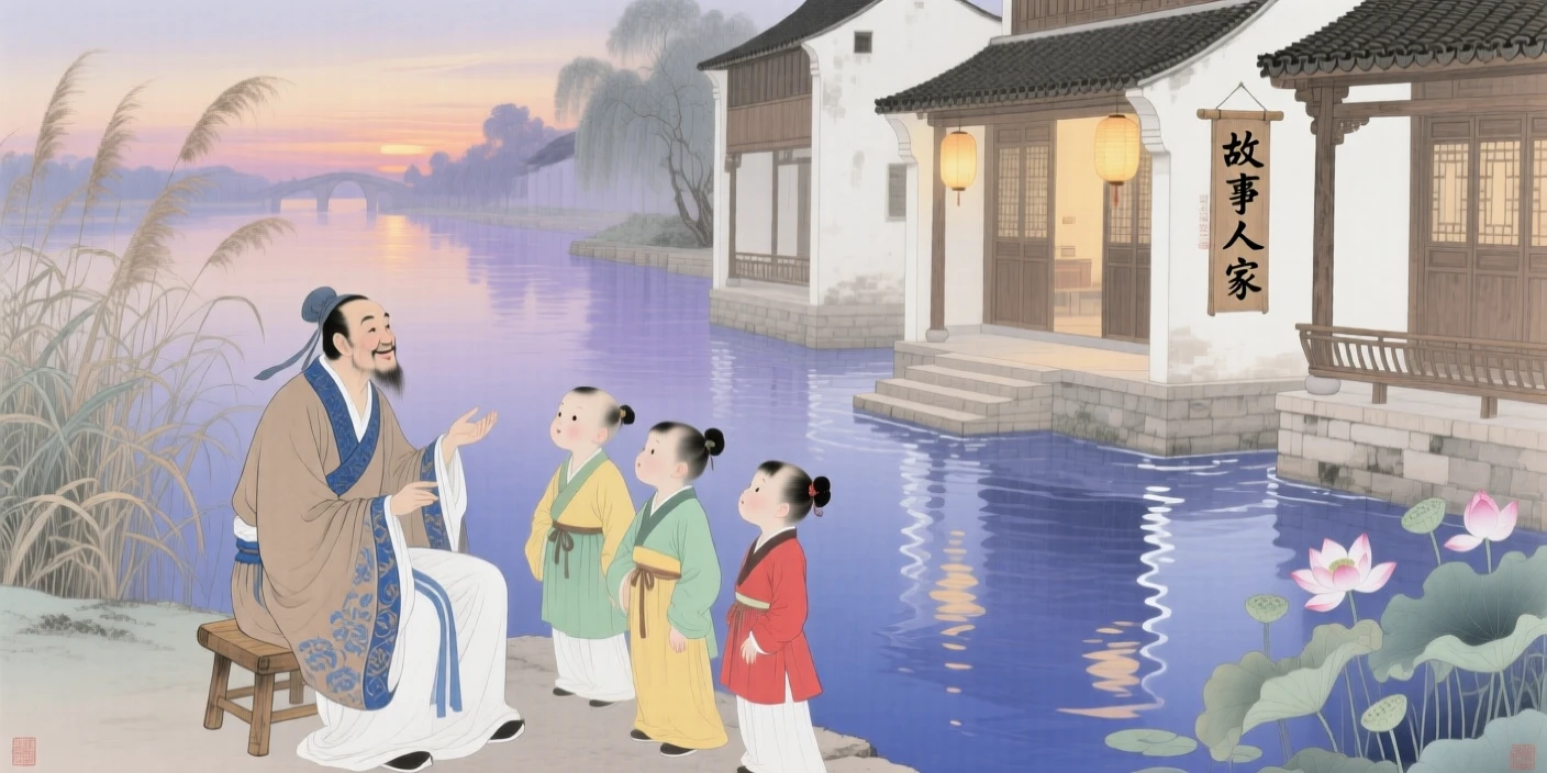 A traveling storyteller sharing a story with curious children beside a slow-moving canal at dusk