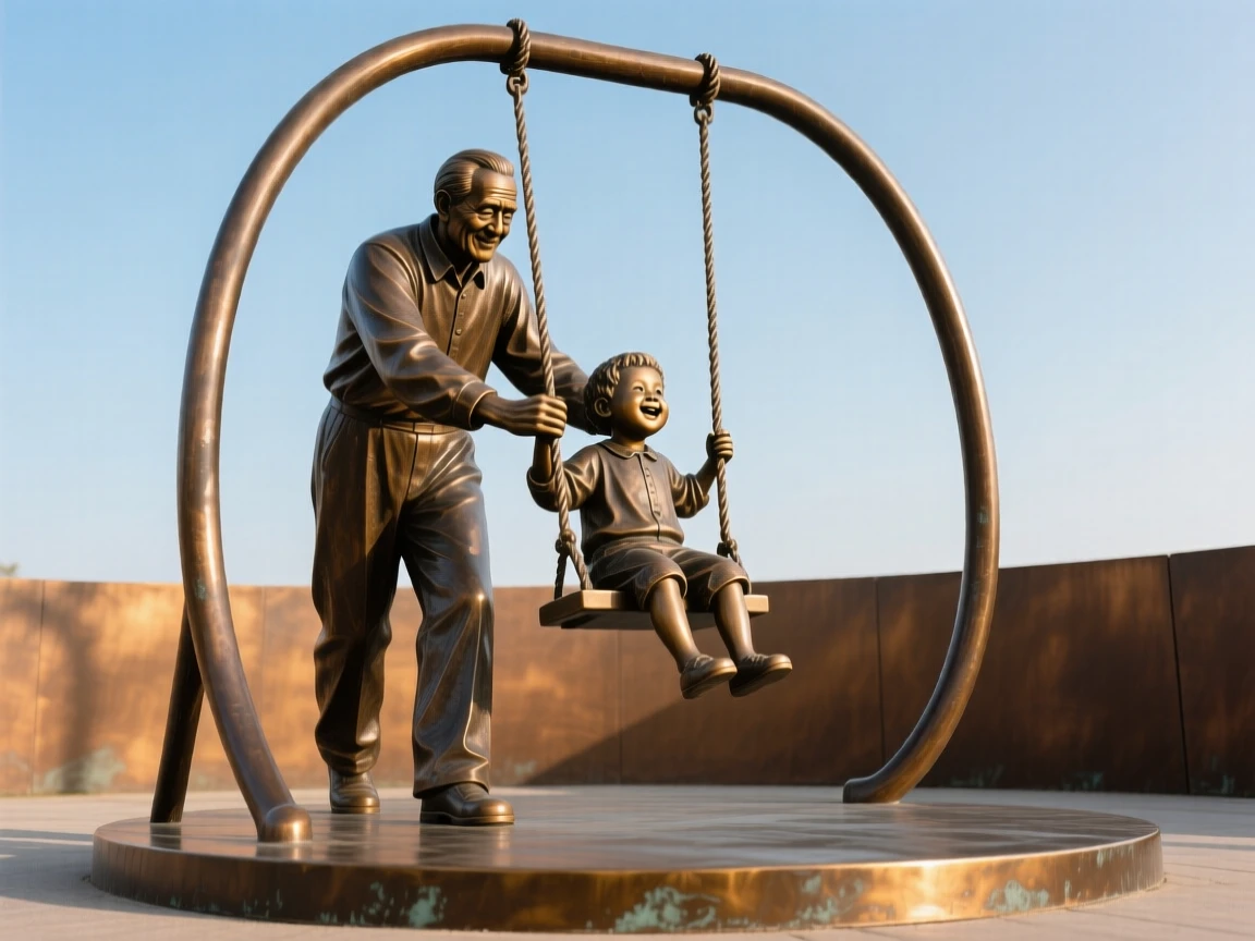 A grandfather pushing his grandchild on a swing, set against a vast, open sky, forming a strong central focal point