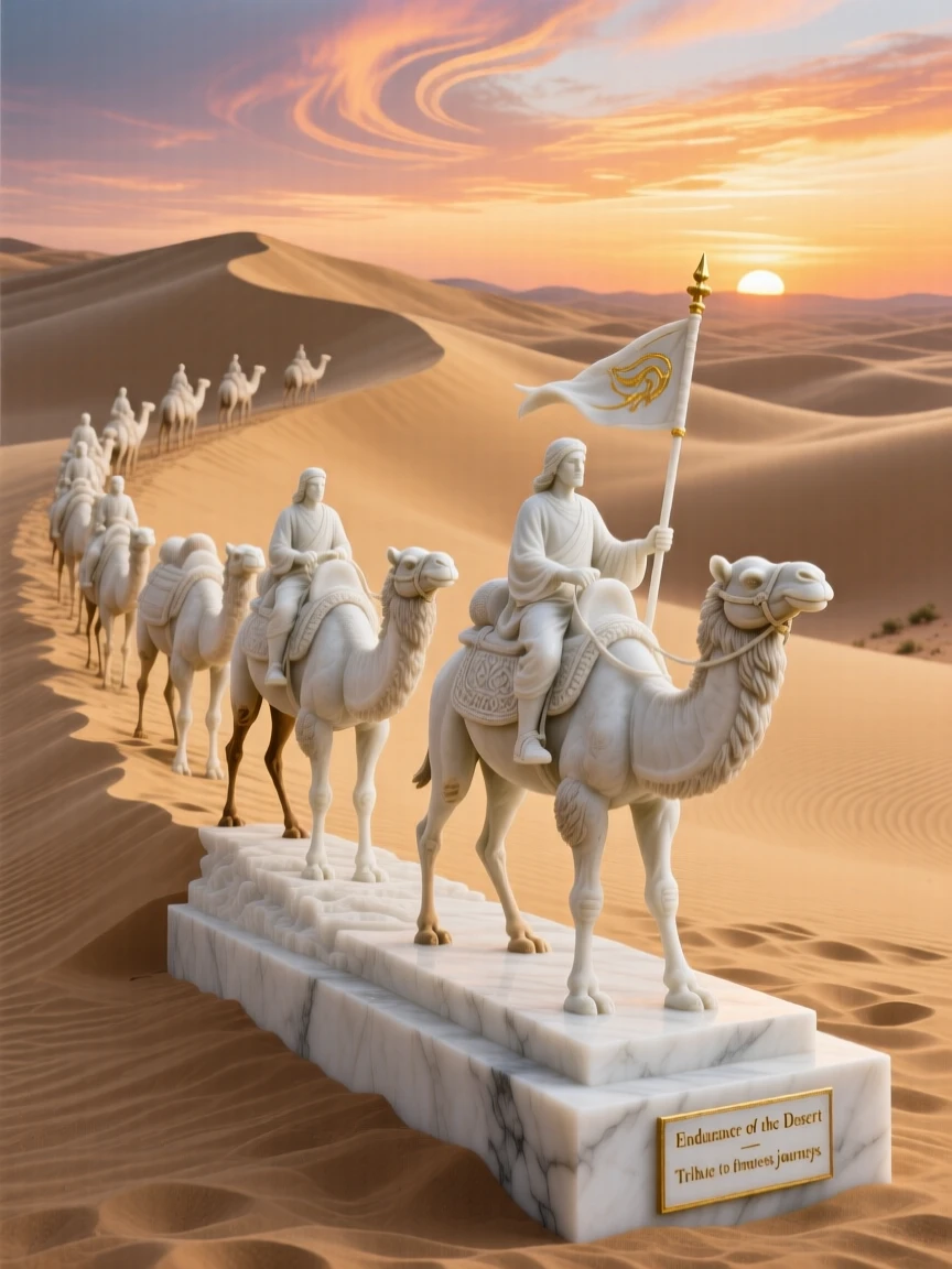 An evocative depiction of a caravan crossing golden desert dunes at sunset, under a brilliant, colorful sky, balancing detail with emotional depth