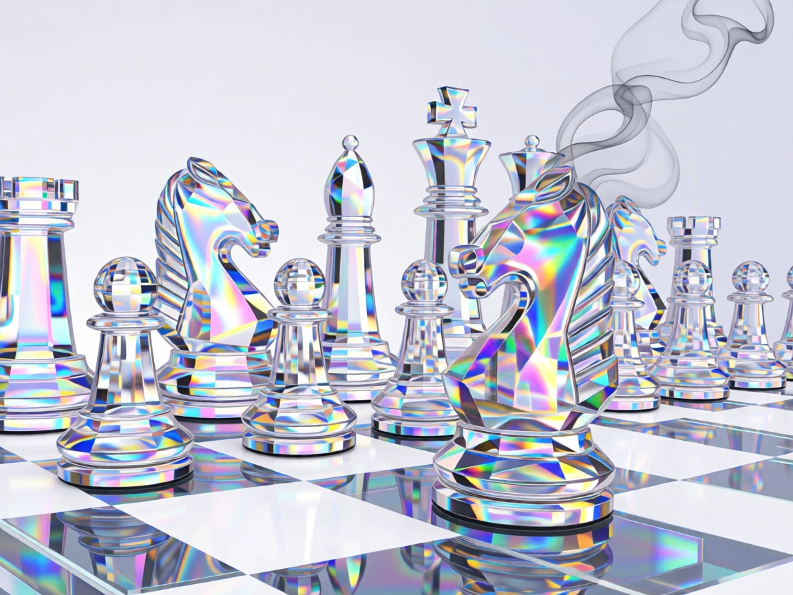 A surreal chess board where pieces are made of glowing crystal and smoke.