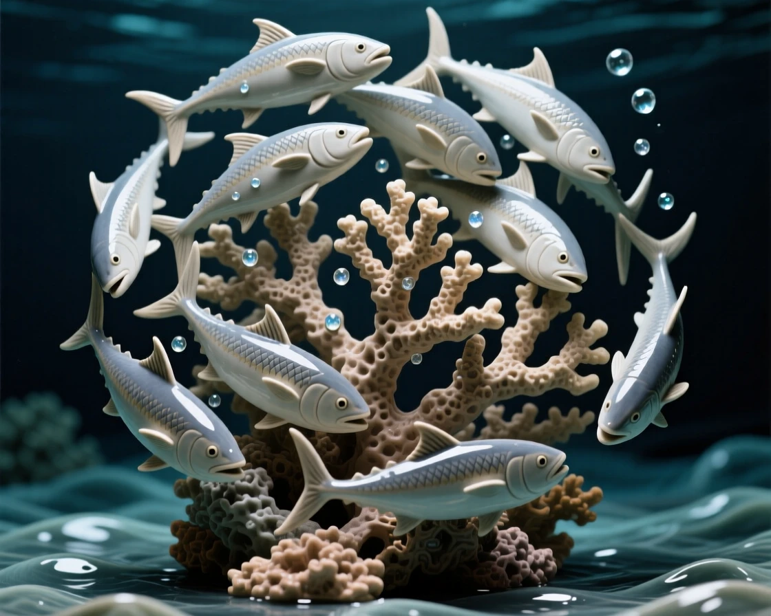 A school of tuna moving in a tight spiral curled gracefully around swaying coral, dotted with tiny, glimmering droplets, stirring wonder at the mysteries of the deep.