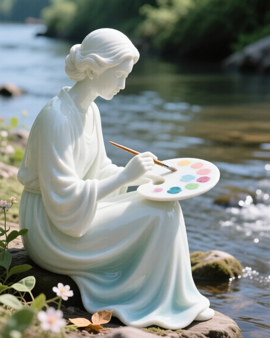 An everyday moment of quiet beauty: an artist painting beside a river, captured in soft natural light.