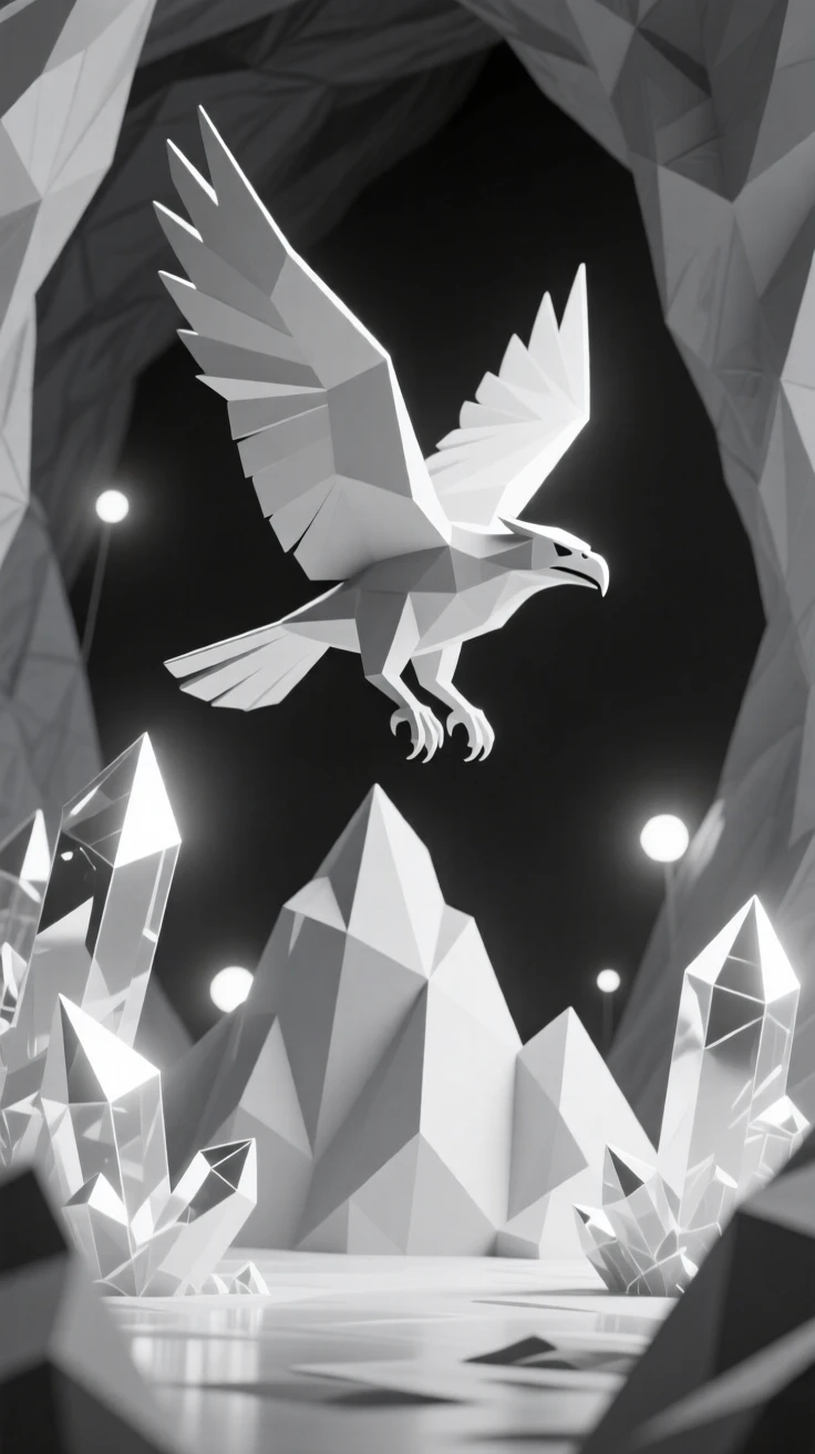 A griffin soaring above jagged mountain peaks, inside a cavern glittering with crystal light. soft glowing light sources create dramatic highlights. The moment feels suspended between worlds.