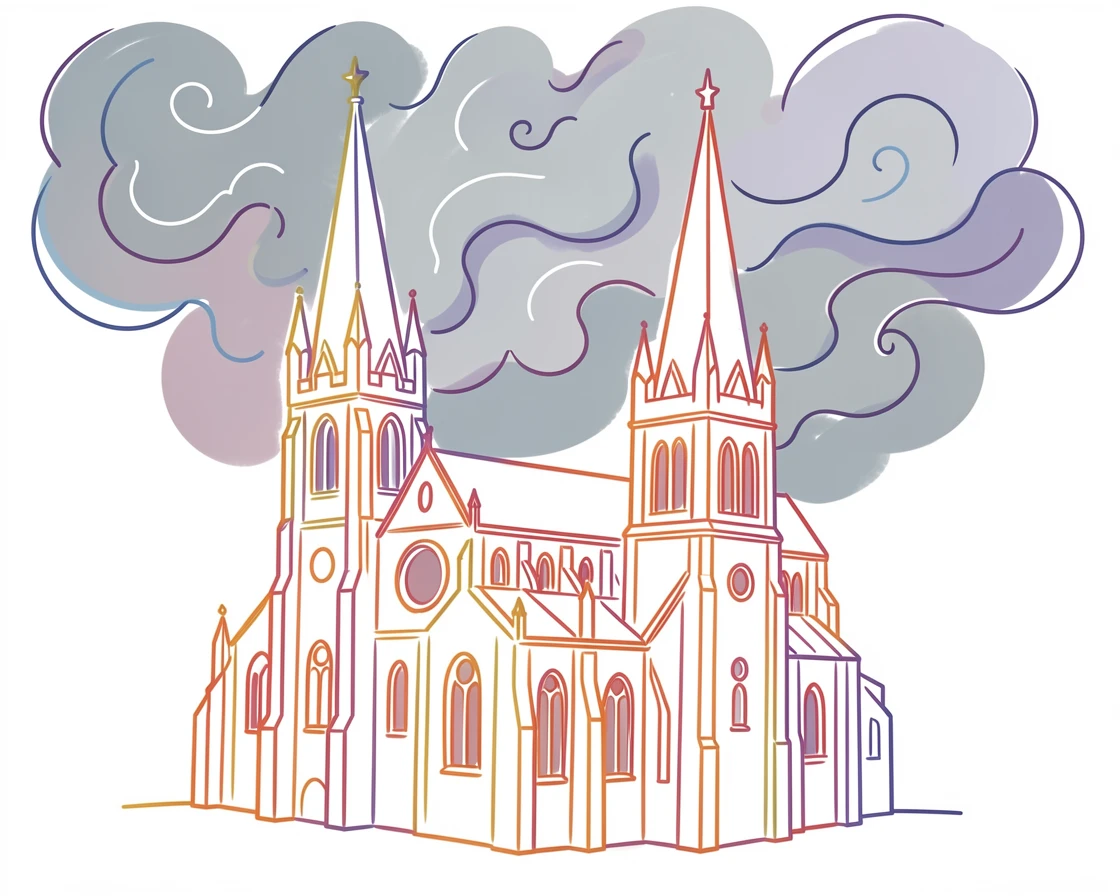 A grand medieval cathedral with twin spires piercing a stormy sky.