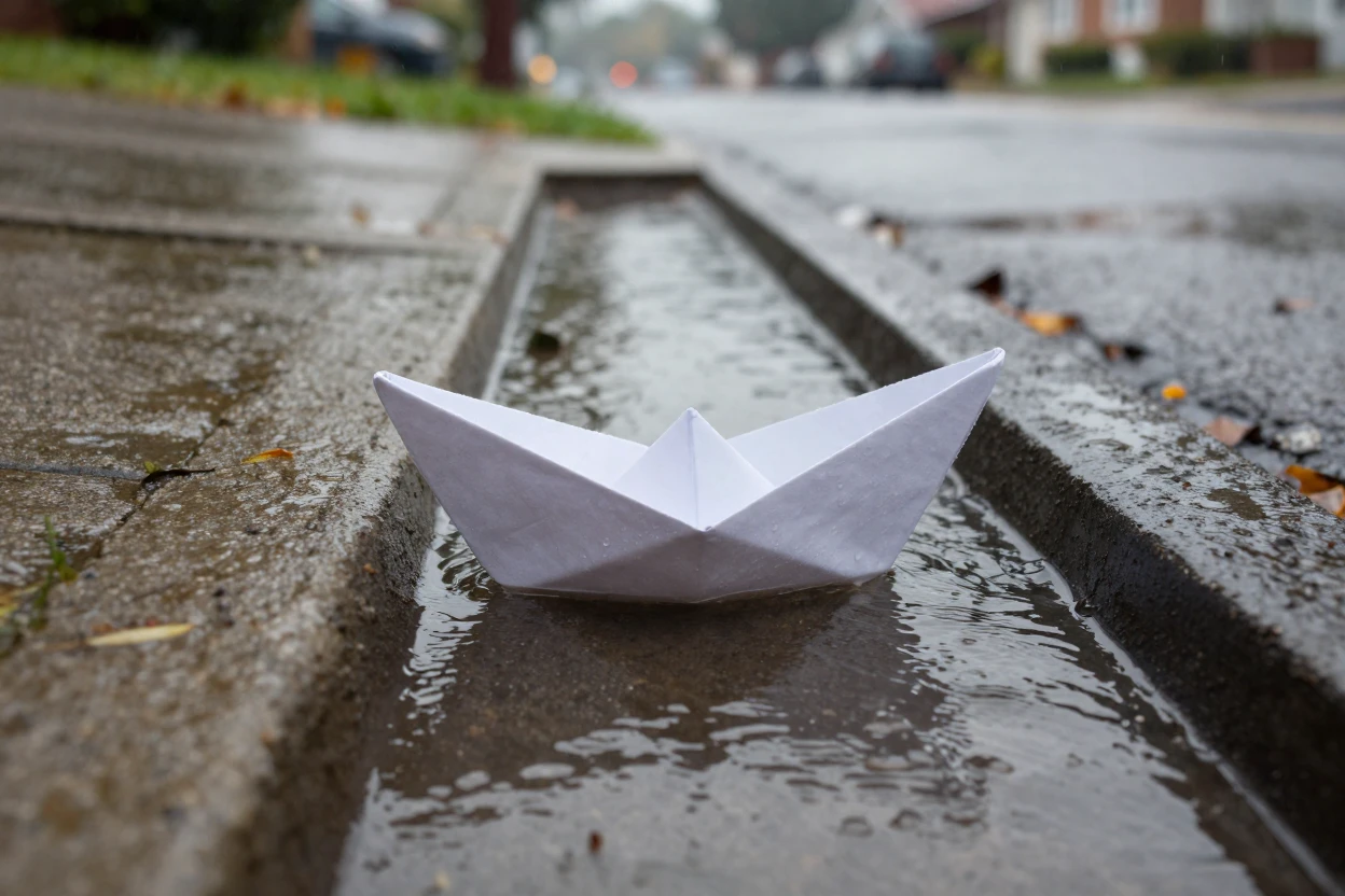 A child's paper boat floating down a rain-filled gutter