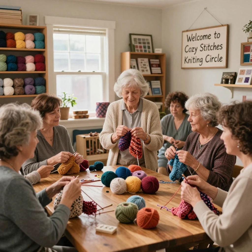 An elderly woman teaches a knitting circle in the back room of a small yarn shop.