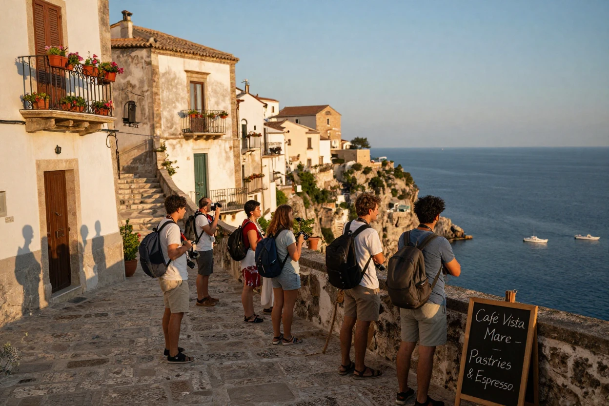 Travelers exploring a cliffside village of whitewashed buildings in the heart of an old European city