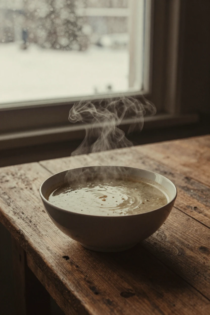A steaming bowl of homemade soup on a rustic wooden table, under a pale winter sky, under a light drizzle, in the depths of winter, with a soft sepia-tinted glow, viewed from across the room.
