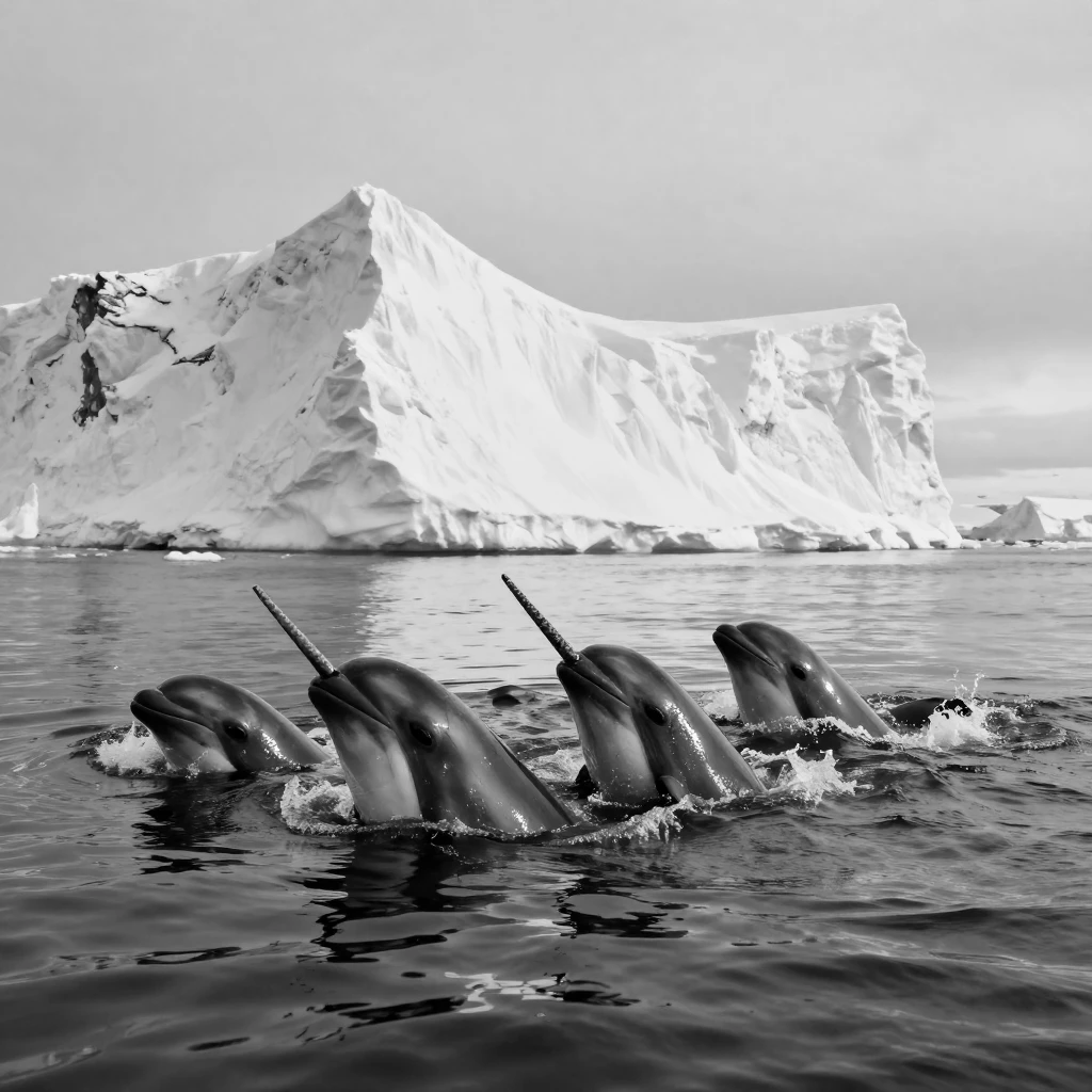 A pod of narwhals surfaces near a drifting iceberg in frigid Arctic waters.