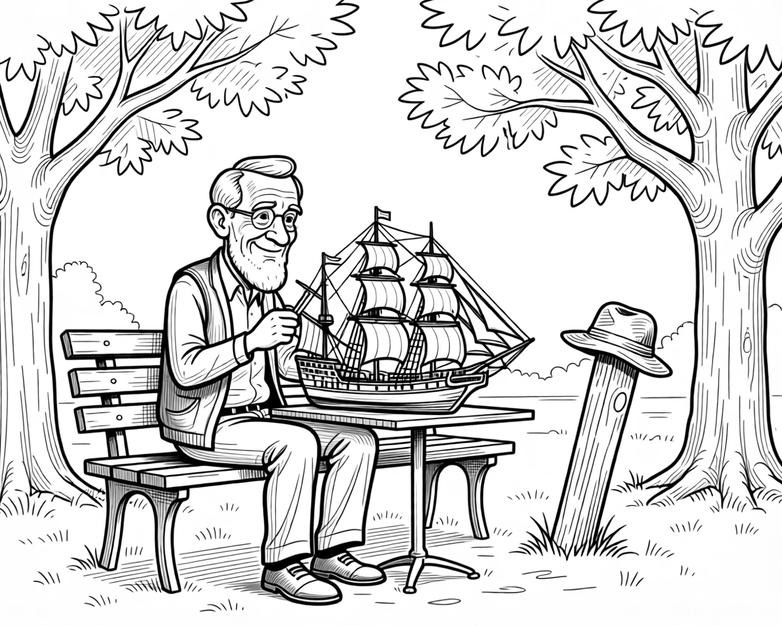 A grandfather building an elaborate model ship, swinging arms gently in matching, unhurried strides, set on a park bench beneath old oak trees. A weathered hat rests on a nearby post. The image honors a lifetime of stories worth telling.