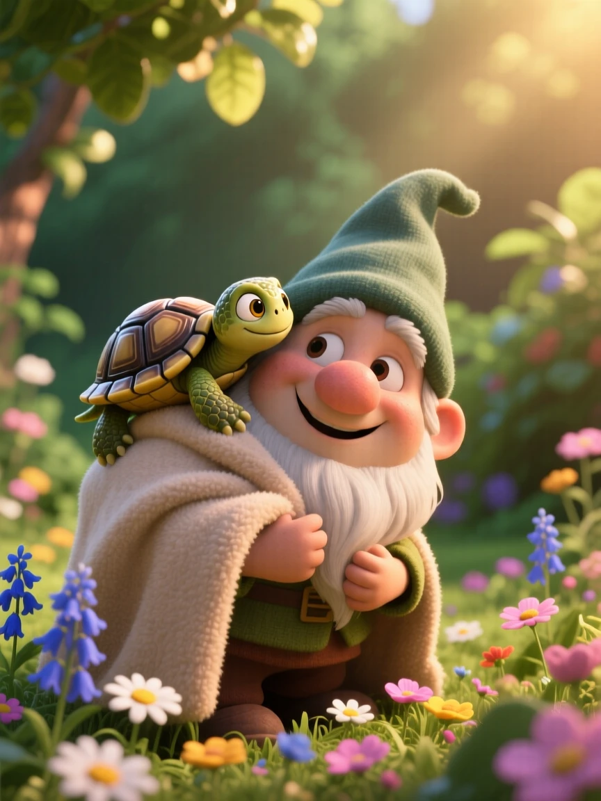 A tiny turtle hatchling is perched on a garden gnome's shoulder, nuzzling against a soft blanket. The scene feels warm and heartwarming, with a scattering of small flowers around it.