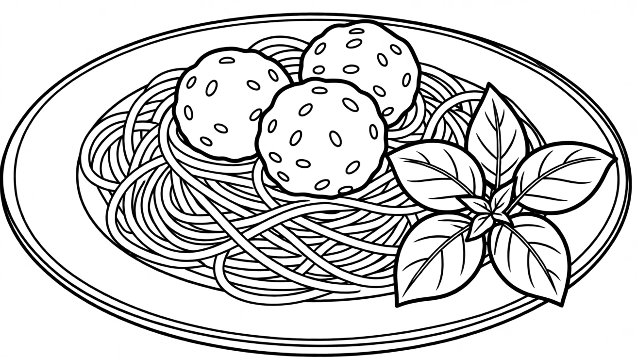 A plate of spaghetti with meatballs and a sprig of basil