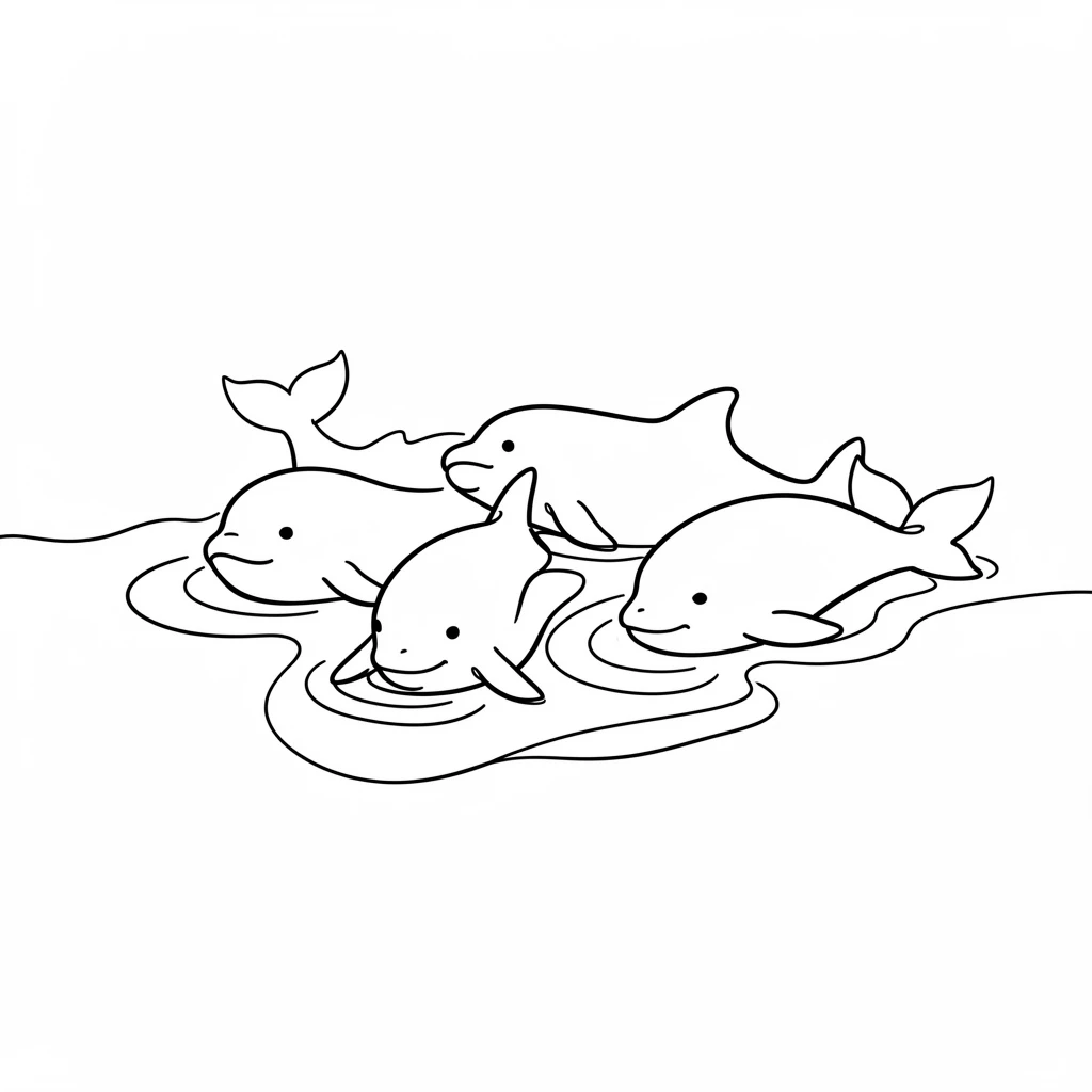 A pod of beluga whales surfacing together in an arctic bay