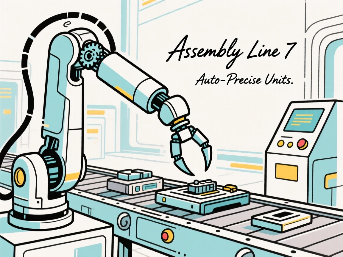 A robotic arm assembling parts on a futuristic factory line.