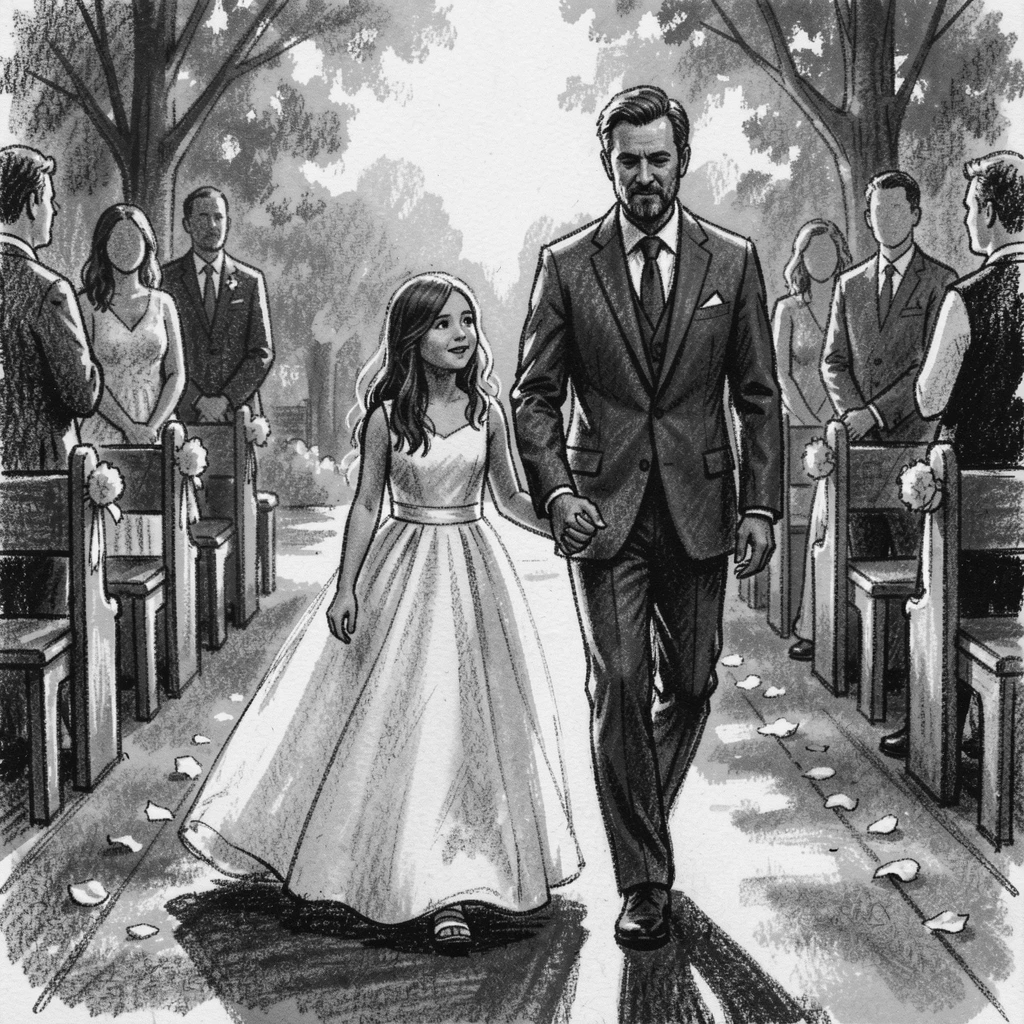 A father walking his daughter down the aisle, as golden afternoon sun spills across the scene.