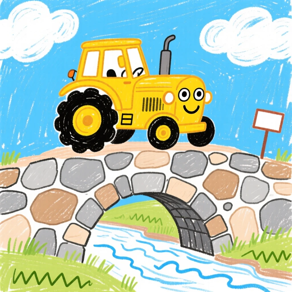 A sturdy yellow tractor crossing an old stone bridge.