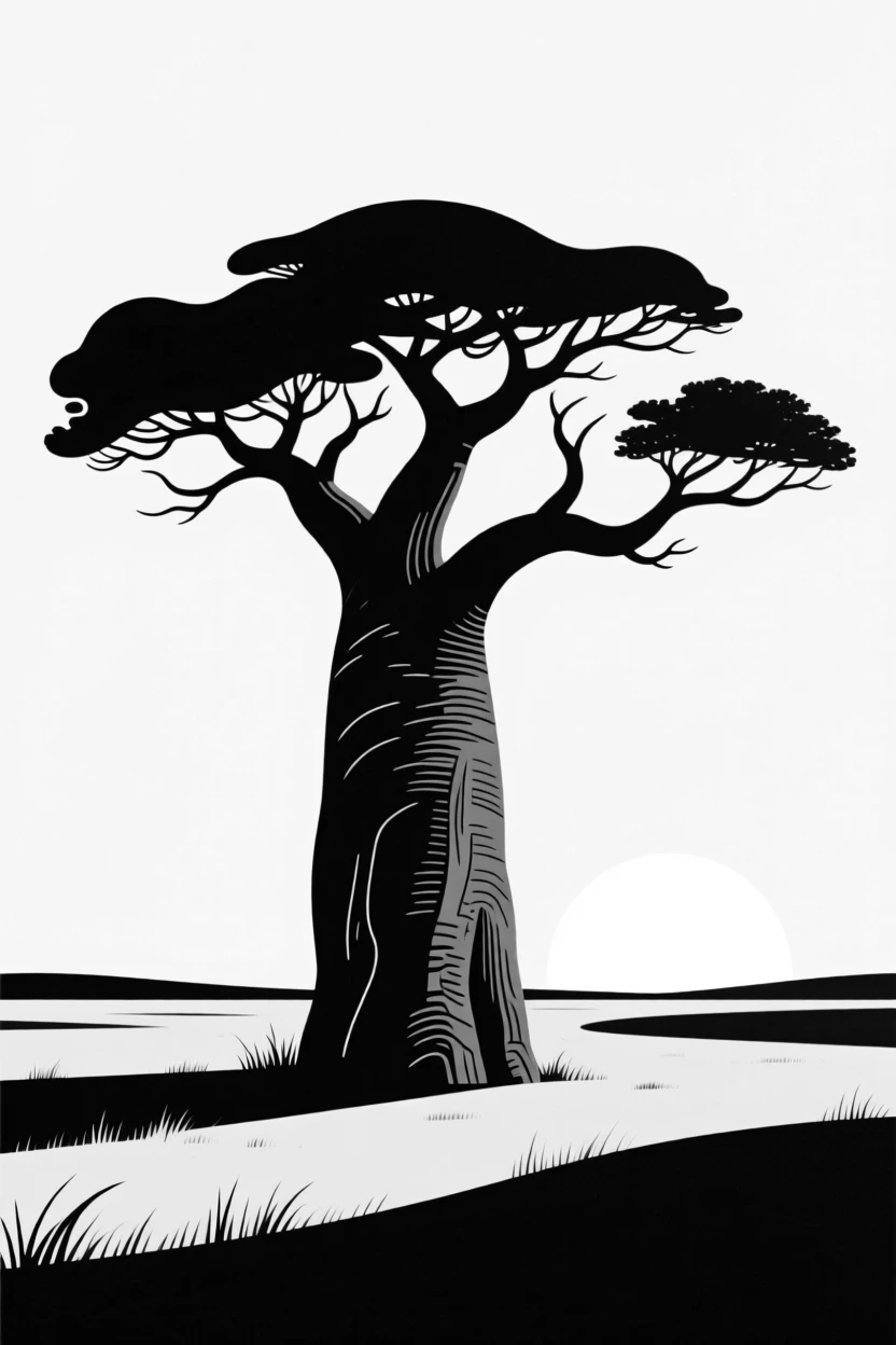 A baobab tree standing on the savanna at dusk.