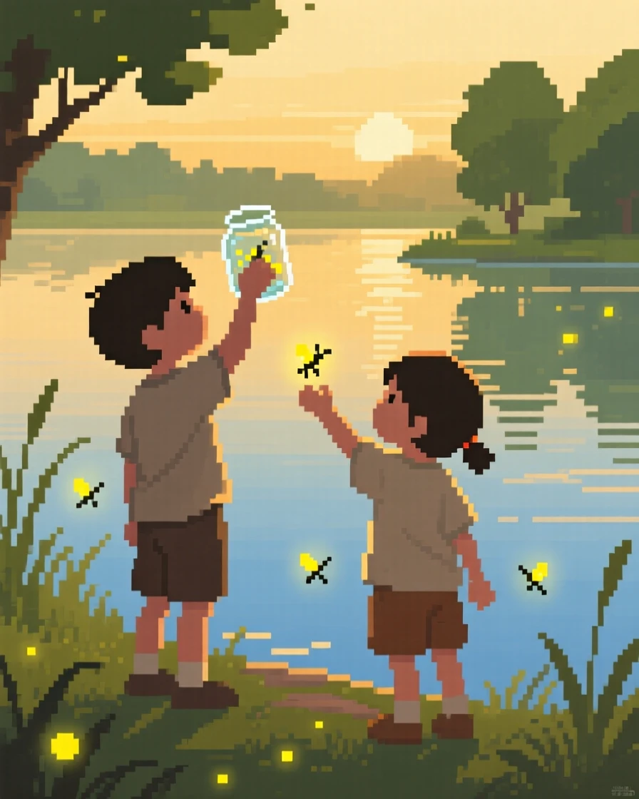 Kids catching fireflies in jars captured in the golden light of early morning, beside a lake during summer vacation.