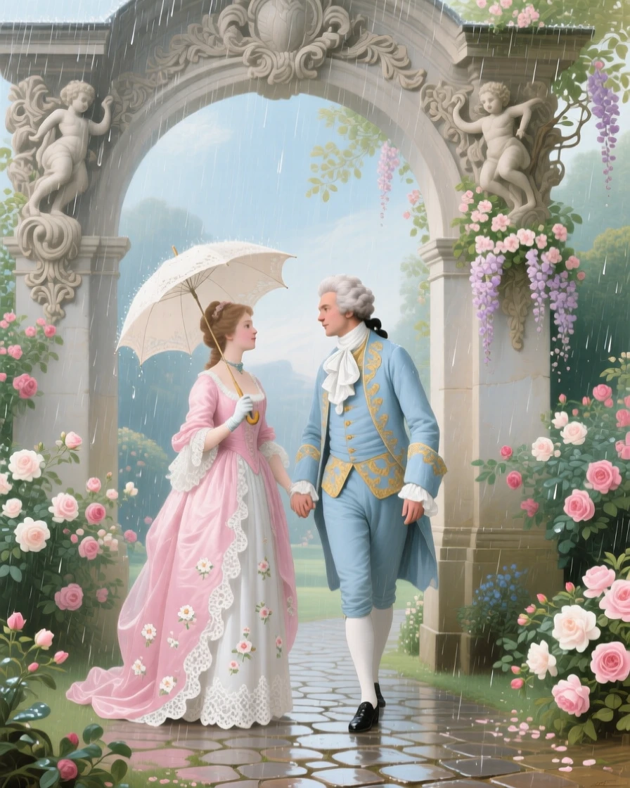 A couple meeting beneath an archway during a soft spring rain  