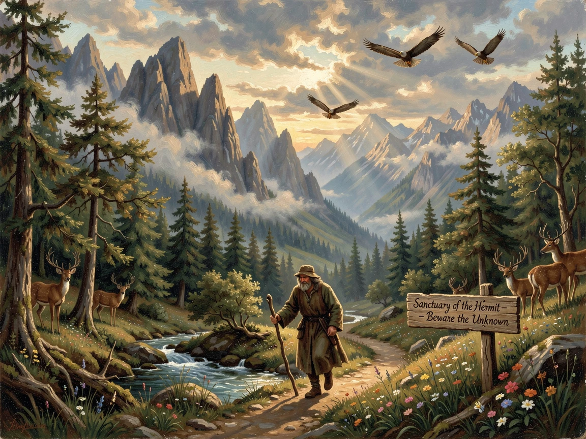 A hermit descends carefully down a hidden valley ringed by peaks while eagles circle above.