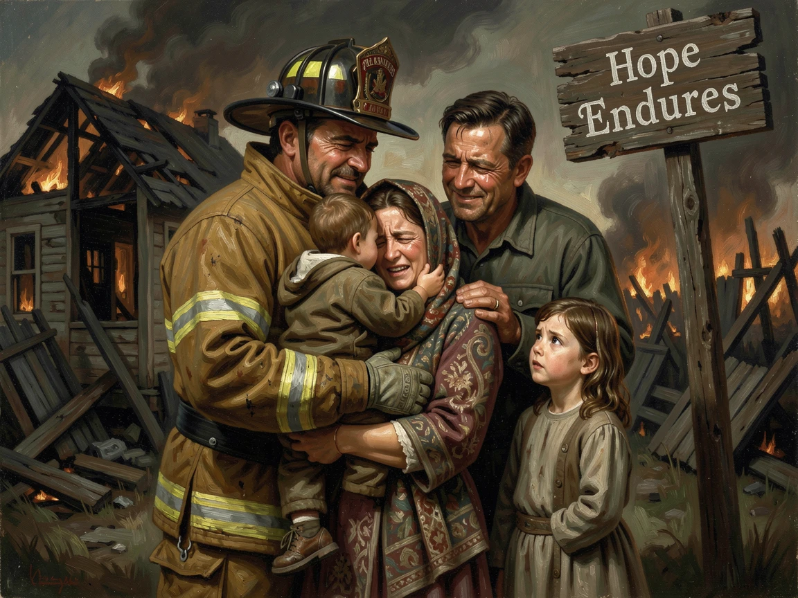 A firefighter comforting a family after saving their home from a blaze, with emotion and triumph radiating clearly from every face, designed to inspire and uplift anyone who views it