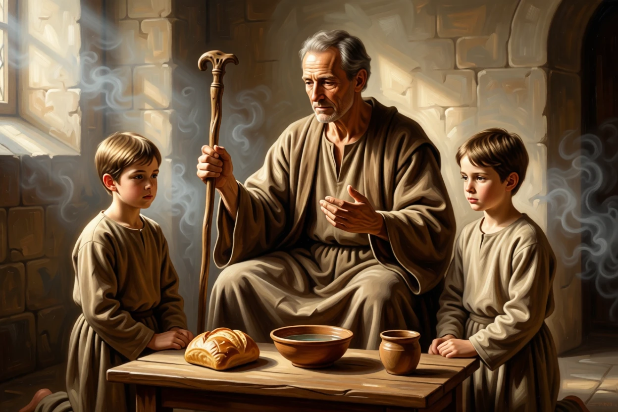 A father teaching his children to give thanks before a simple meal as ancient wisdom passes gently to the next generation, set within a sunlit chapel filled with drifting incense smoke, with modest robes, a well-worn staff, and a face lined with quiet devotion; the composition places the central figure within a halo of natural light, filled with serenity and the quiet dignity of devotion.