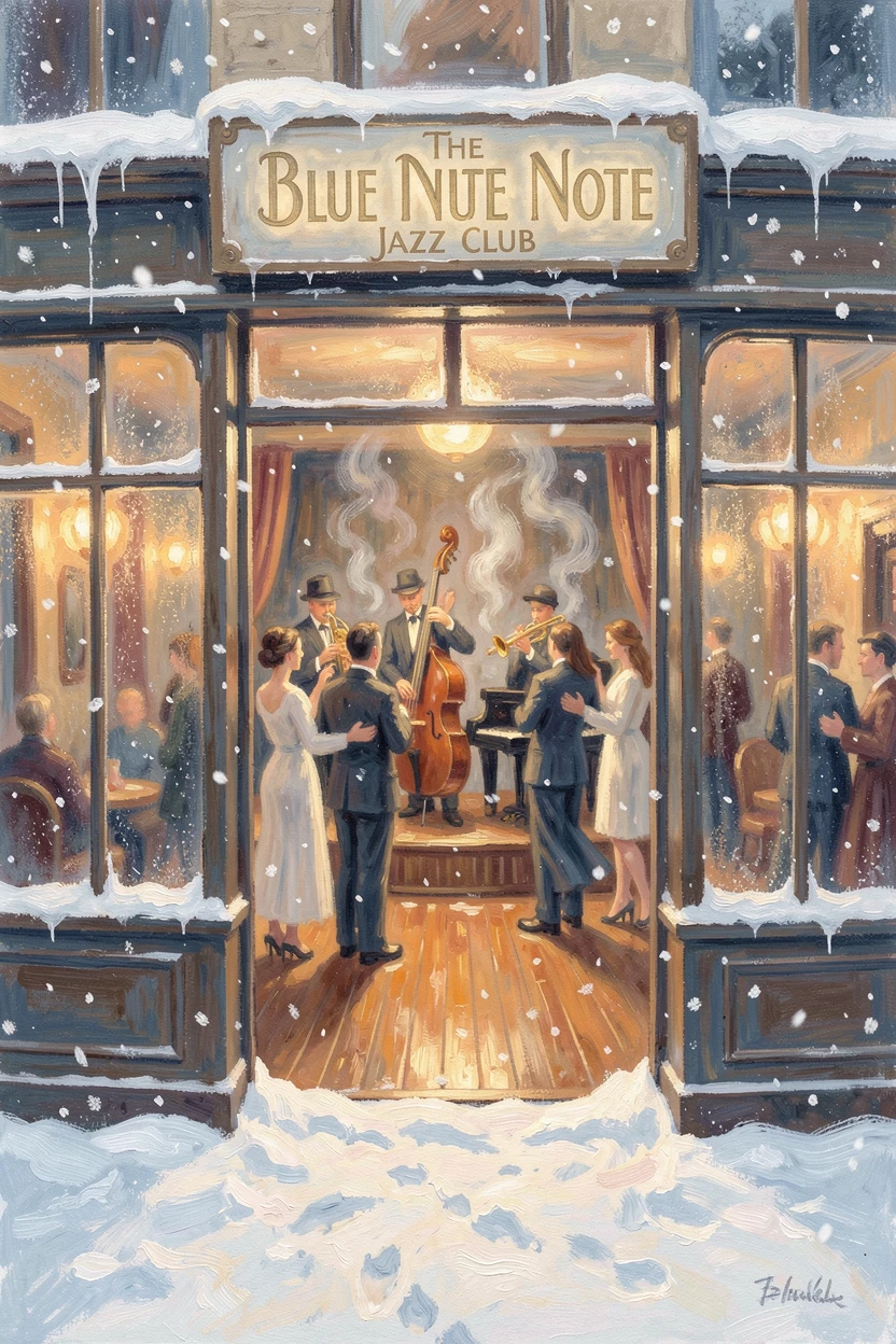 A 1920s jazz club filled with dancers, dim golden light, and a band playing on a small stage, under a fresh blanket of snow, capturing a moment of quiet intimacy.