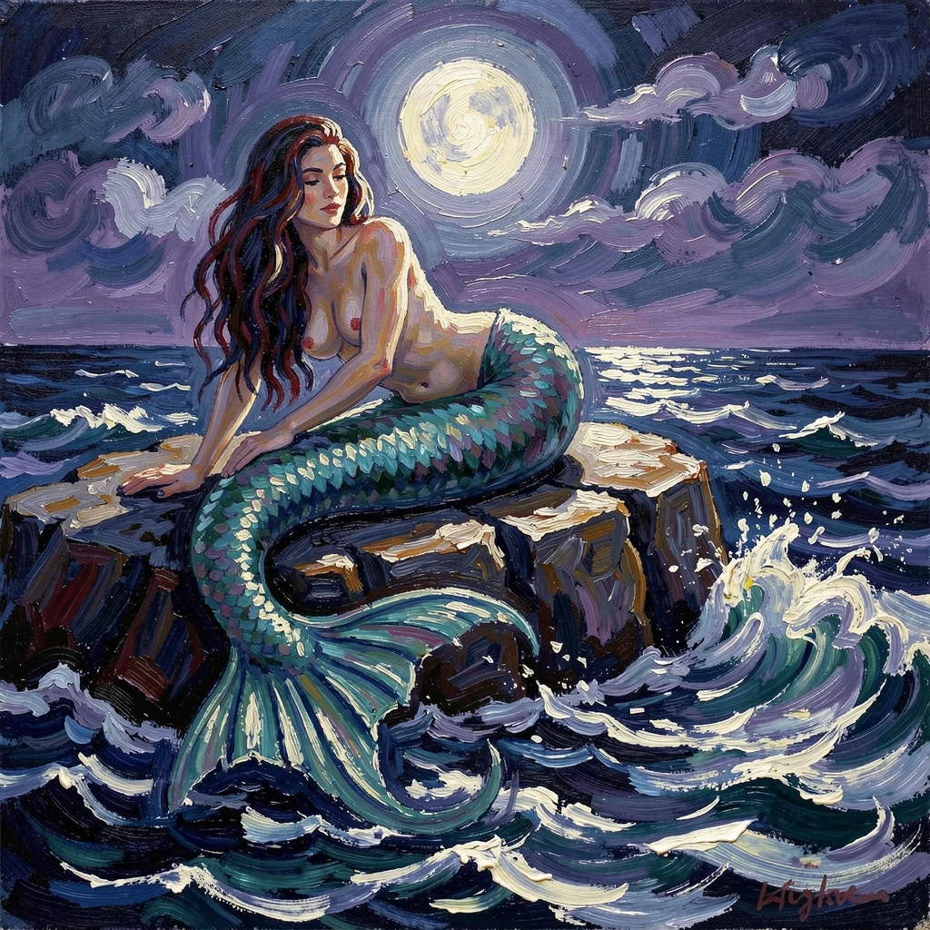 A mermaid resting on a moonlit rock, tail catching the shimmer of the tide.