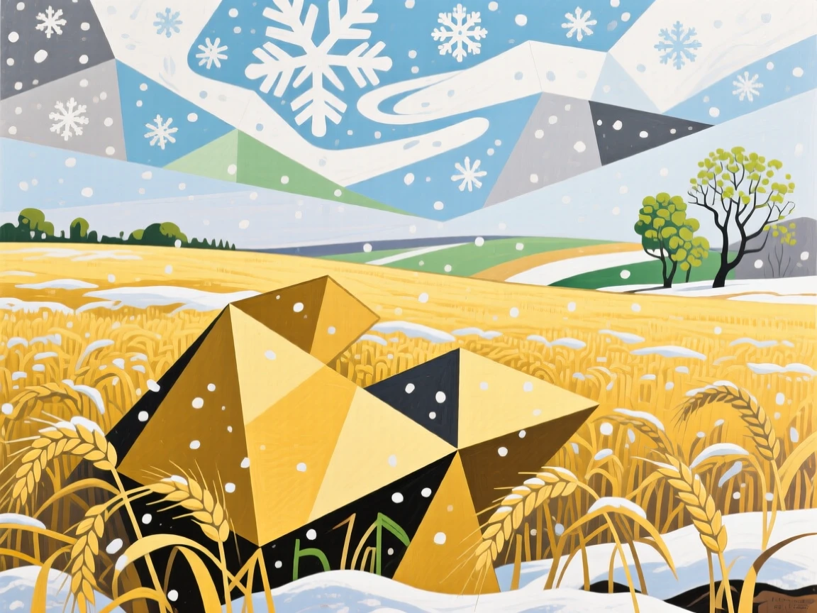 A sweeping wide view of a golden wheat field beneath a canopy of drifting snow, in early spring.