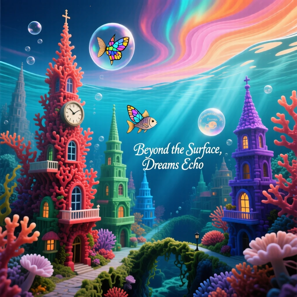 An underwater forest of coral shaped like miniature cities stretches endlessly beneath a sky of shifting colors, as the horizon bends gently upward at its farthest edge.