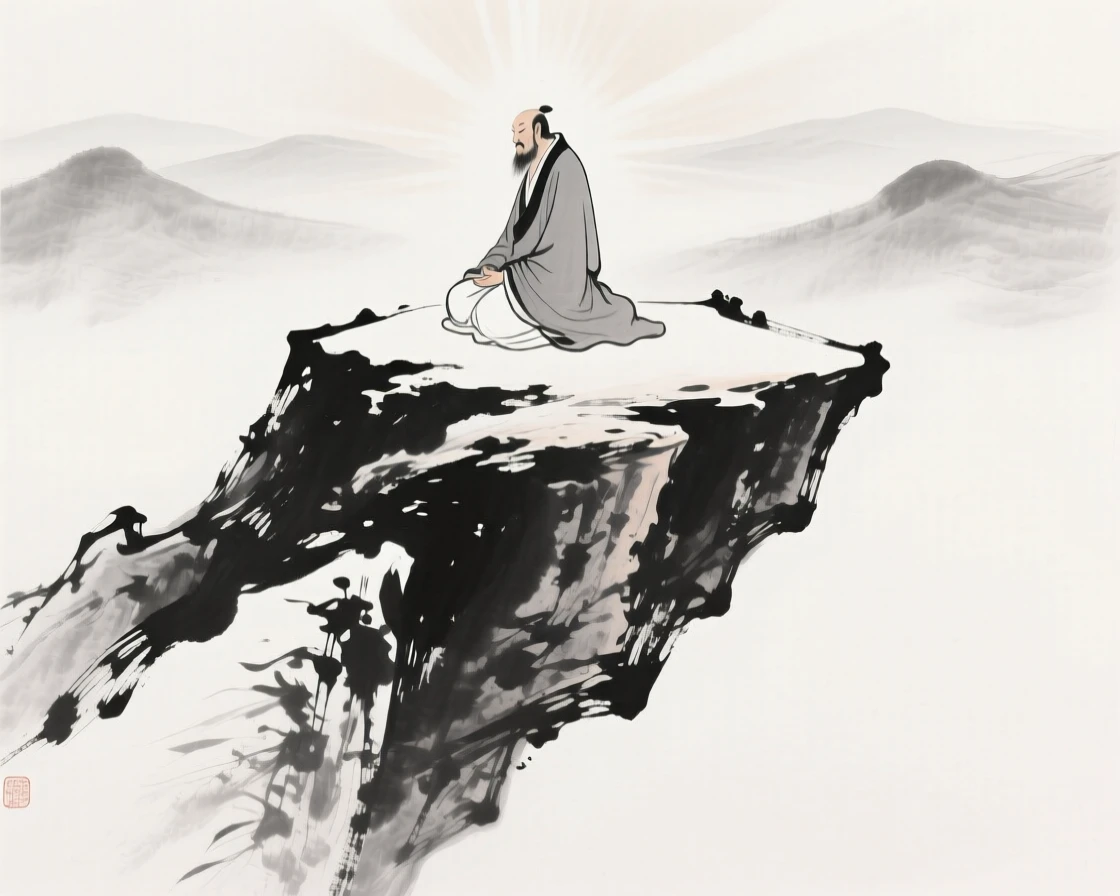 A robed immortal meditates atop a floating mountain peak, with soft light radiating from behind distant peaks.
