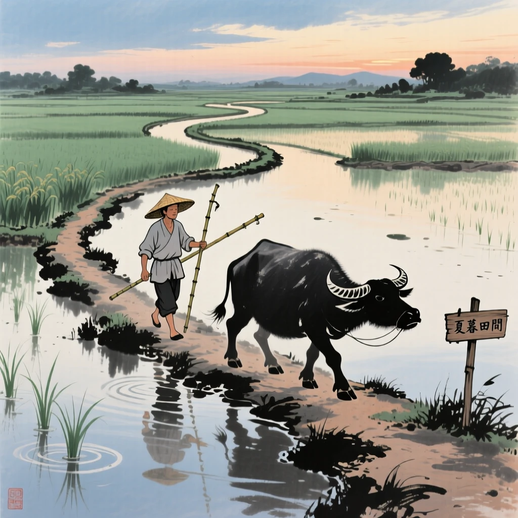 A farmer leading a water buffalo along a winding paddy path, in the height of summer, filled with tranquil stillness, at dusk.