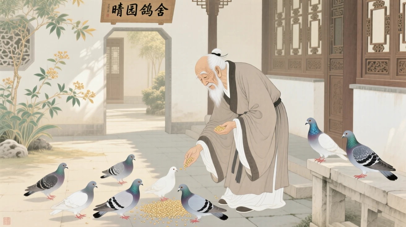 An old man feeding pigeons in a sunlit courtyard