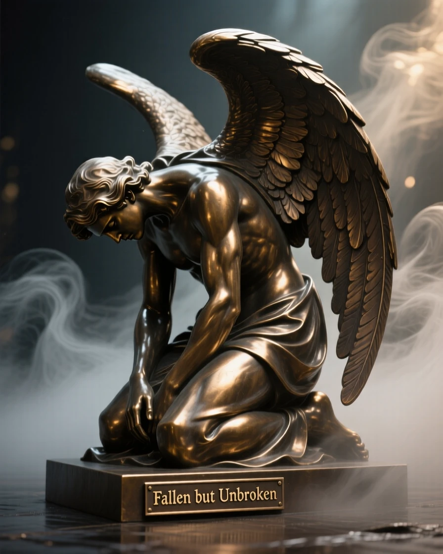 A fallen angel kneeling in shadow, surrounded by swirling mist and light, radiating awe and grandeur