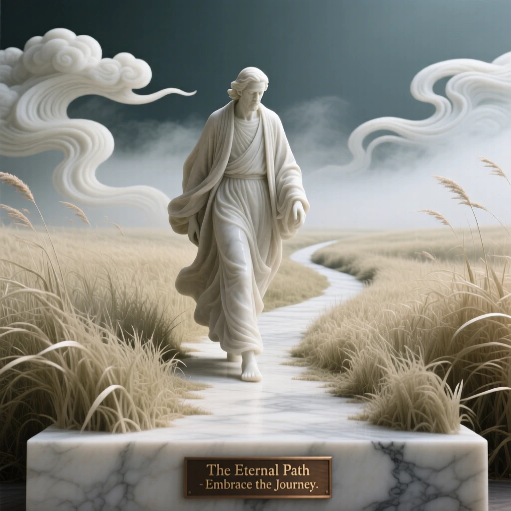 A vivid, emotionally rich scene of a lone wanderer walking a path through tall grass, amid swirling clouds and mist, designed to captivate and inspire