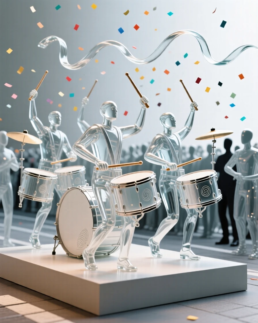 Drummers leading a vibrant parade through a bustling avenue as confetti drifts through the air above the crowd