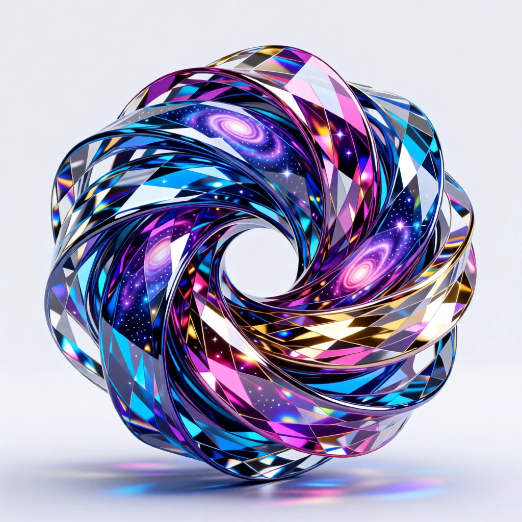 An abstract spiral galaxy rendered as flowing silk ribbons in cosmic colors.