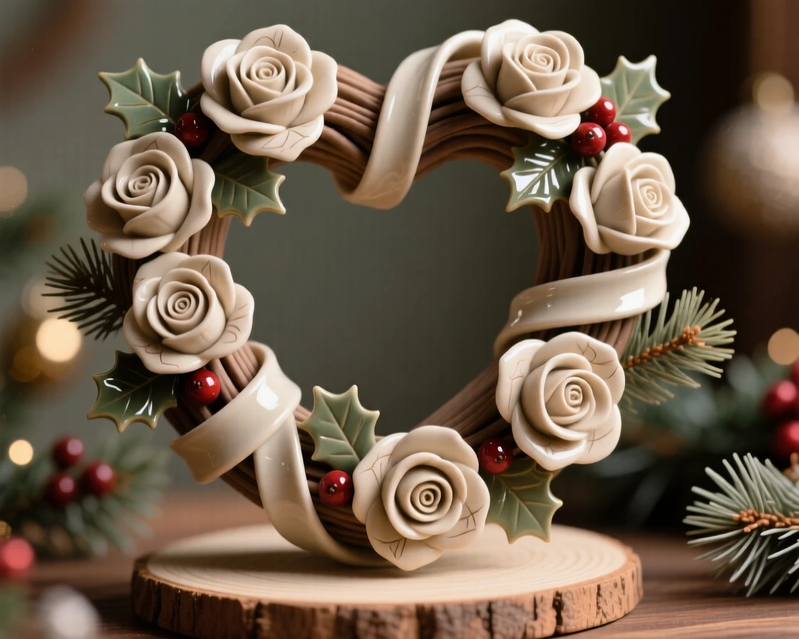 A heart-shaped wreath of roses for a loved one set within a cozy festive scene, wrapped in ribbons and festive trimmings, evoking festive joy and warm togetherness.