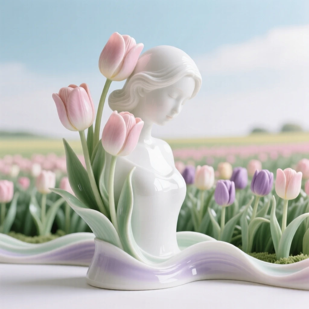 A cozy spring moment: tulip fields stretching under a soft spring sky, framed by the colors of the season.