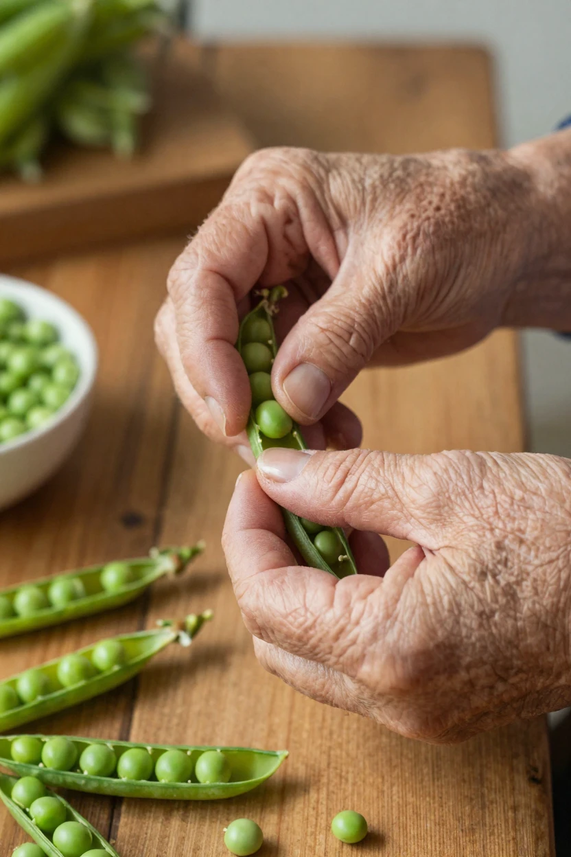 A grandmother's wrinkled hands shelling fresh peas