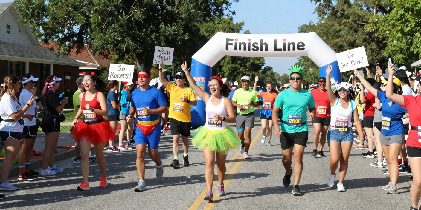 A crowd cheers as costumed racers cross a finish line at a themed fun run.
