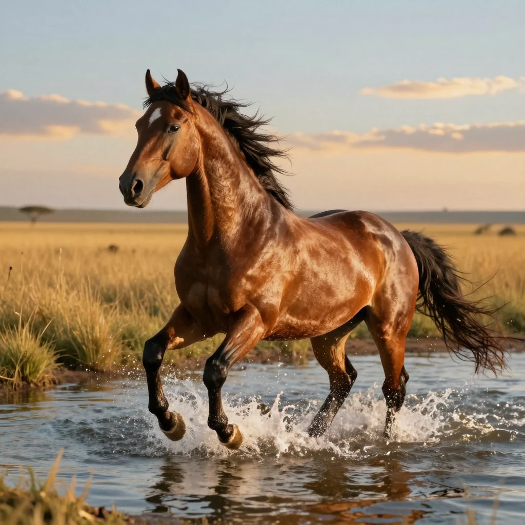 A majestic stallion playing together in shallow water across an open golden savanna